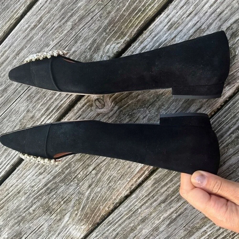 J.Crew Pointed Toe Suede Flats with Crystal Buckle Details in Black 7 NWOB